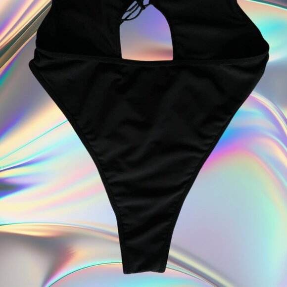 Black Cutout One-Piece Swimsuit with Tie Front & Gold Detail – Size Medium - Picture 7 of 10